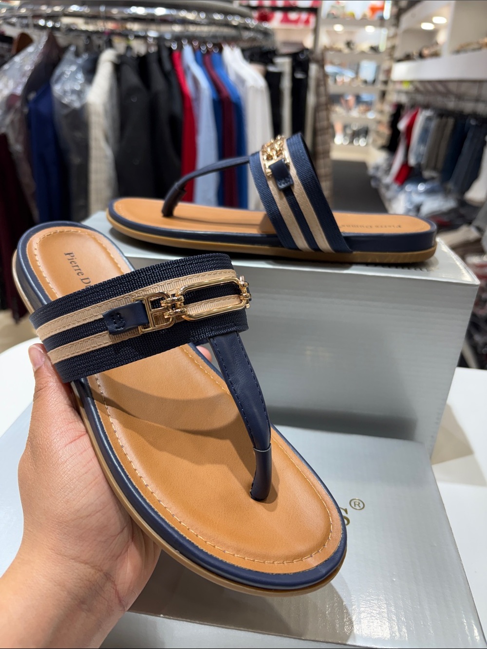 Pierre Dumas Navy and Tan Thong Sandals with Gold Chain Detail - Picture 4 of 5